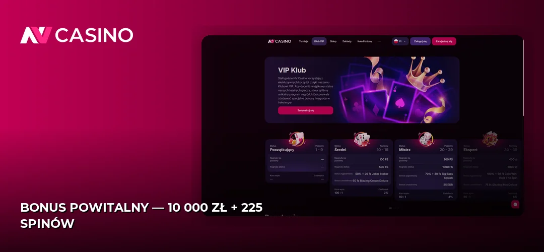 Bonus powitalny — 10 000 zł + 225 spinów